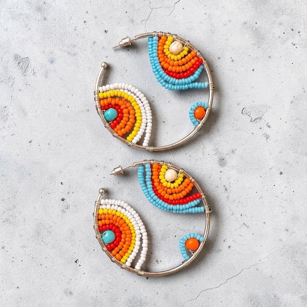 Large Beaded Hoop Earrings Turquoise Orange Boho Southwestern Statement 2.5"